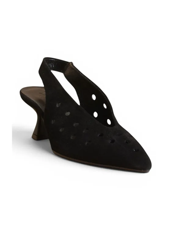 Black Suede Perforated Slingback, Flared Heel — Siyah Süet Delikli Slingback · 6 cm