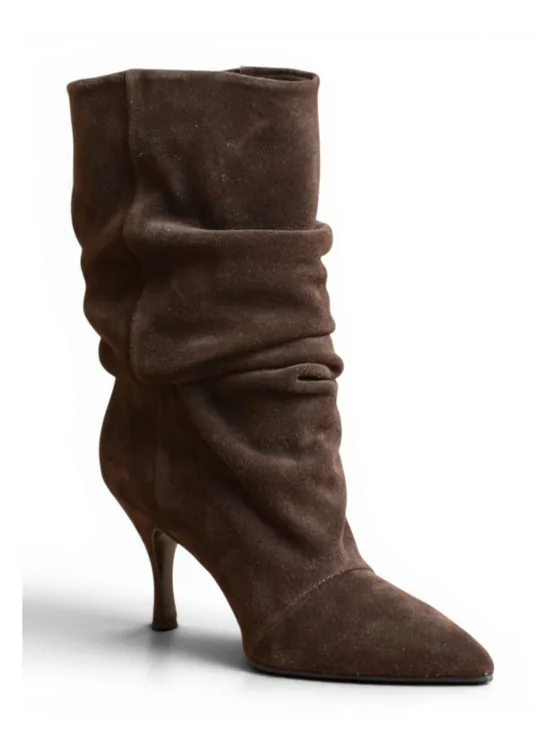 Brown Suede Slouch Boot, Pointed Toe — Kahverengi Süet Büzgülü Bot · 8 cm