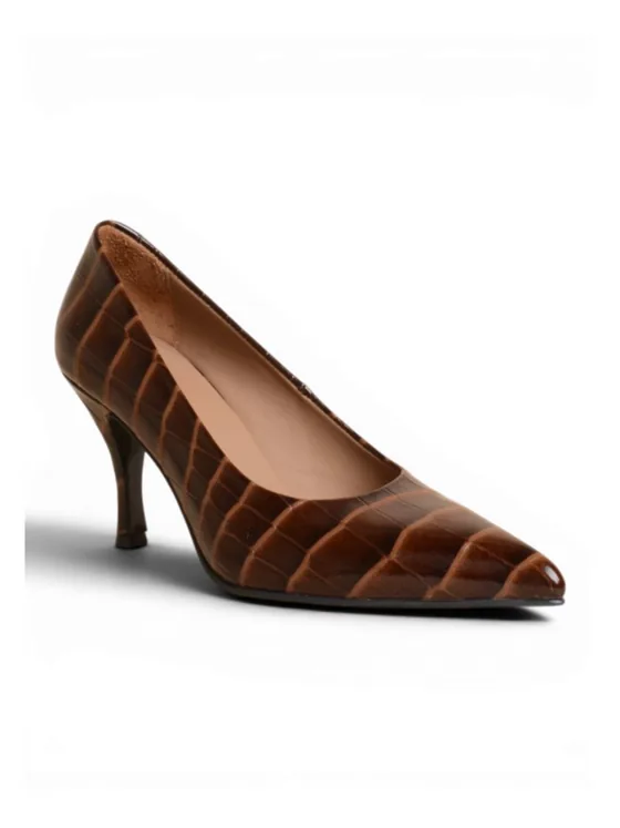 Brown Croc-Print Pointed Pump, Slim Heel — Kahverengi Kroko Desen Sivri Burun Pump · 8 cm
