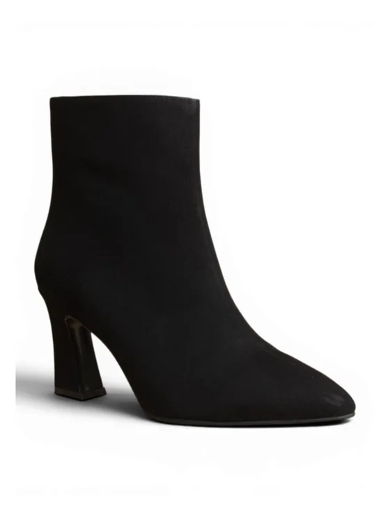 Black Suede Pointed Ankle Boot, Flared Block Heel — Siyah Süet Sivri Burun Bot